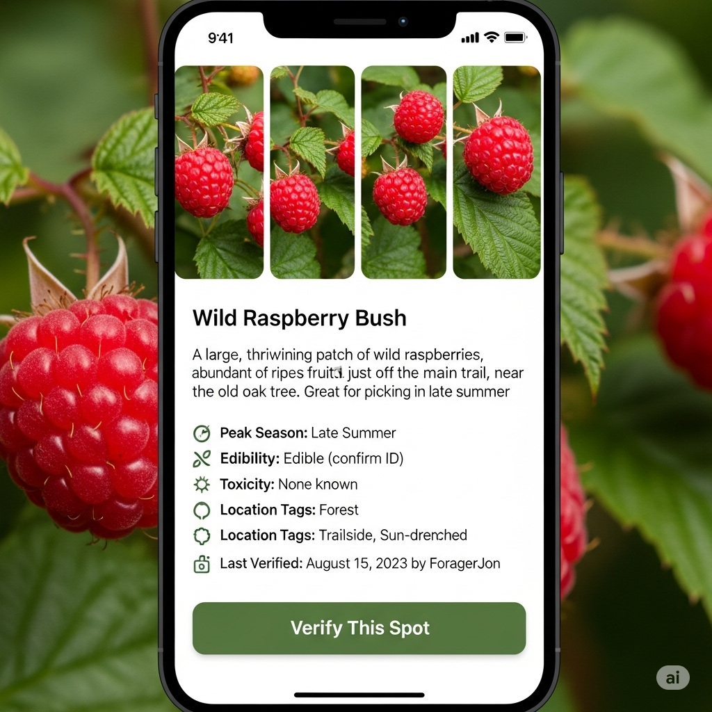 App screen showing a user verifying a wild raspberry bush